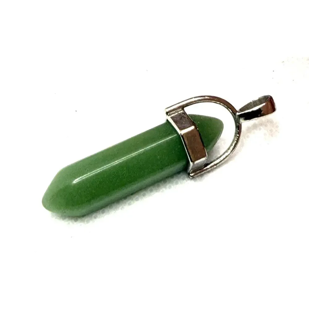 Vintage Green Aventurine Hexagonal Crystal Point Pendant Silver Tone Cap 1.5